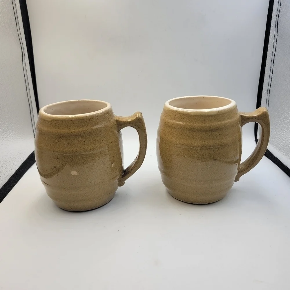 Vintage Uhl Pottery Barrel Mugs - made in Indiana, USA - set of 2